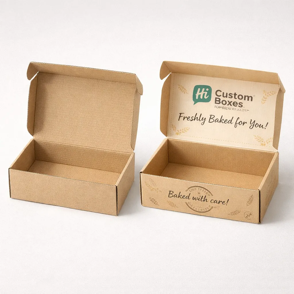 Plain white and brown kraft scone boxes shown in an open position for bakery display.